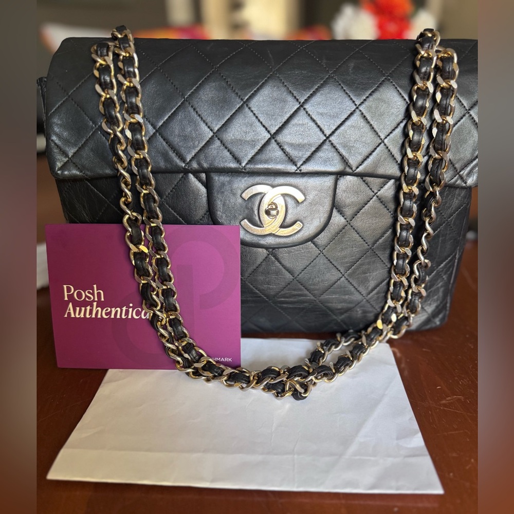 Authentic CHANEL Black Quilted Crossbody with Gold Chain